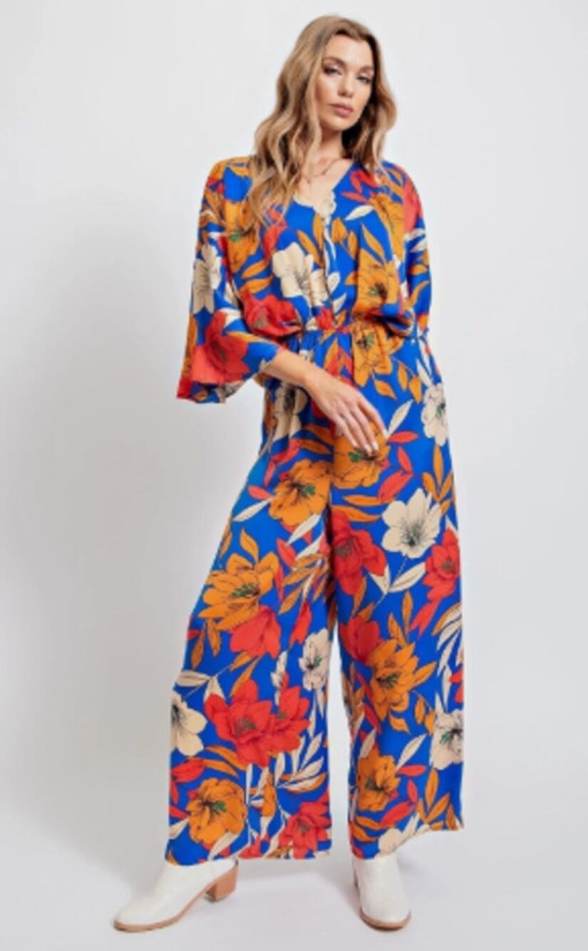 Easel Mirabelle Satin Floral Jumpsuit Blue Wide Leg V-Neck MEDIUM NWT